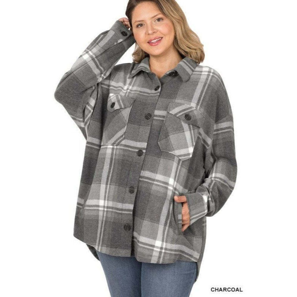 Zenana Outfitters Charcoal Grey Plaid Shacket Jacket Fall Winter New QJ-630d4 - Picture 2 of 3